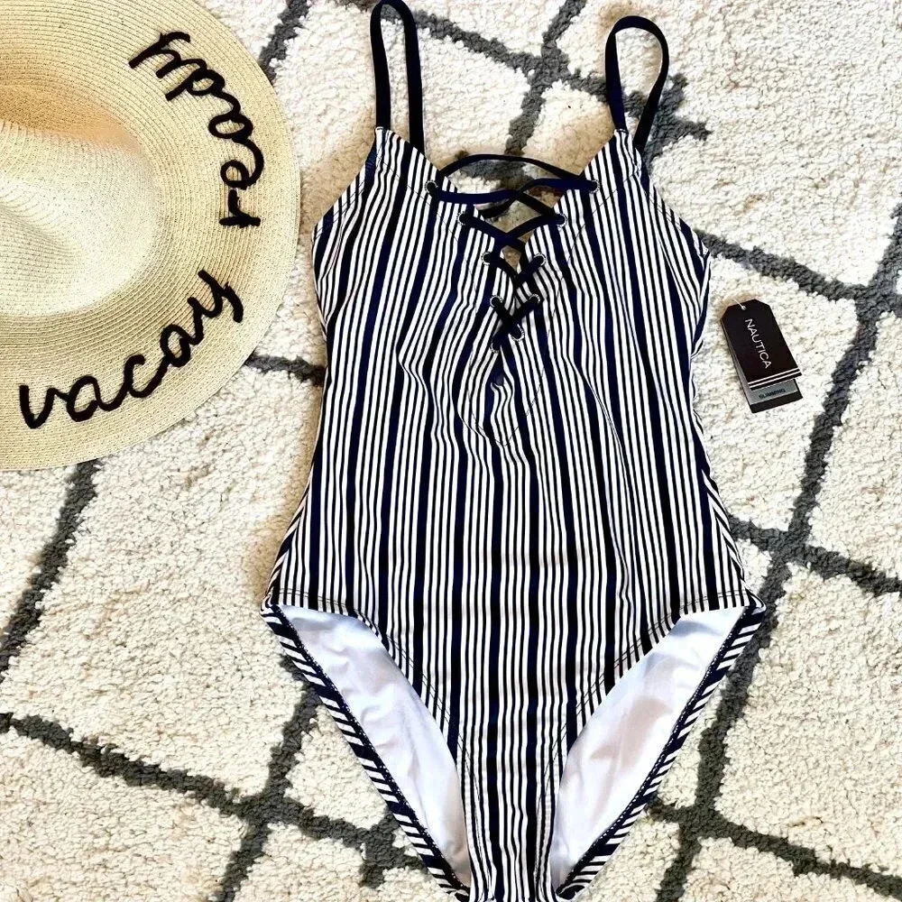 Nautica Dock Lines Lace Up One Piece Swimsuit Small
